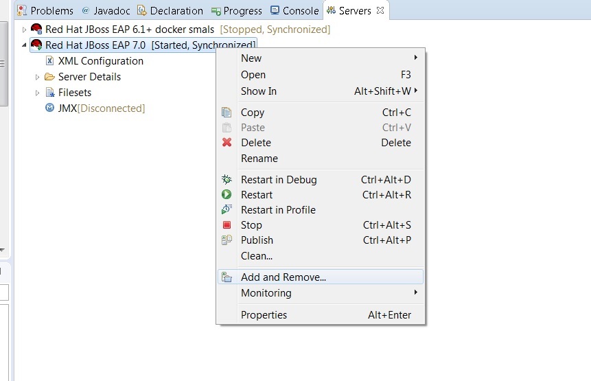 jboss wtp add app in server view